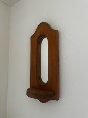 Vintage Wooden Wall Shelf with Oval Mirror - Sconce